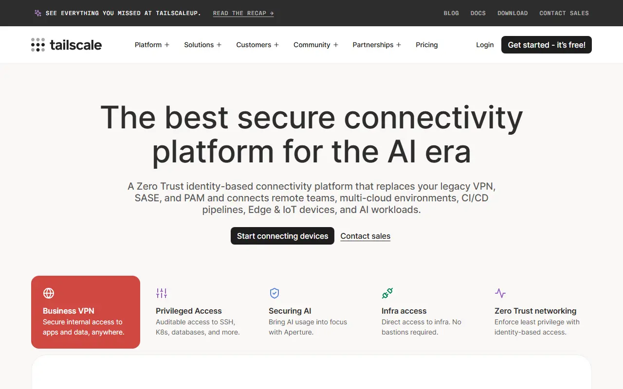 Tailscale homepage screenshot