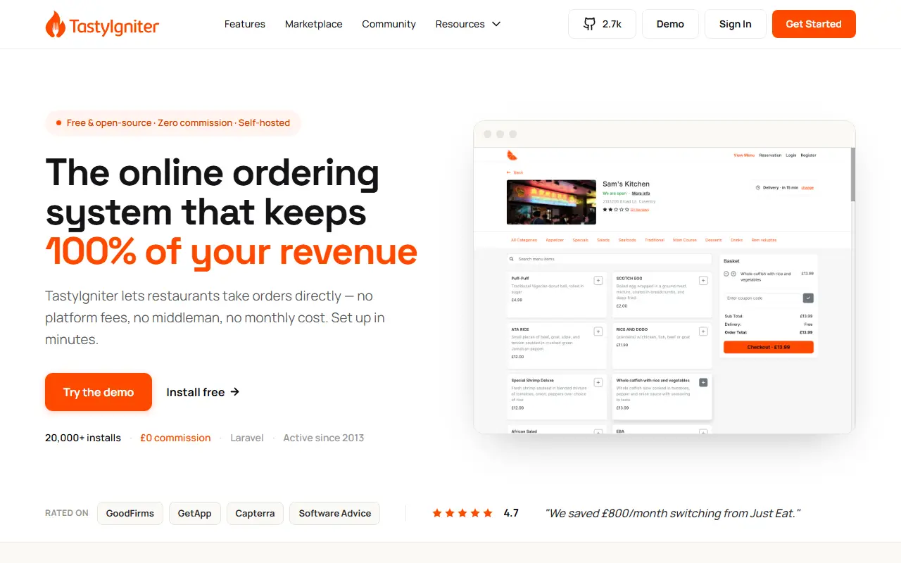 TastyIgniter homepage screenshot