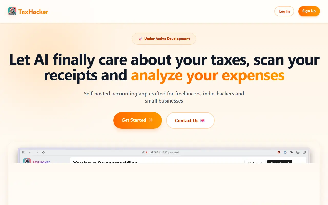 TaxHacker homepage screenshot
