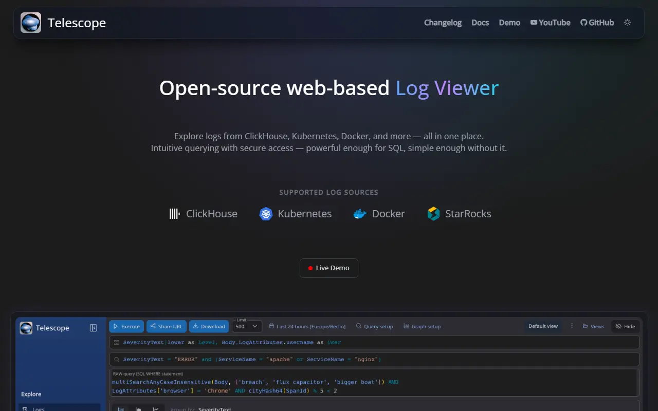 Telescope homepage screenshot