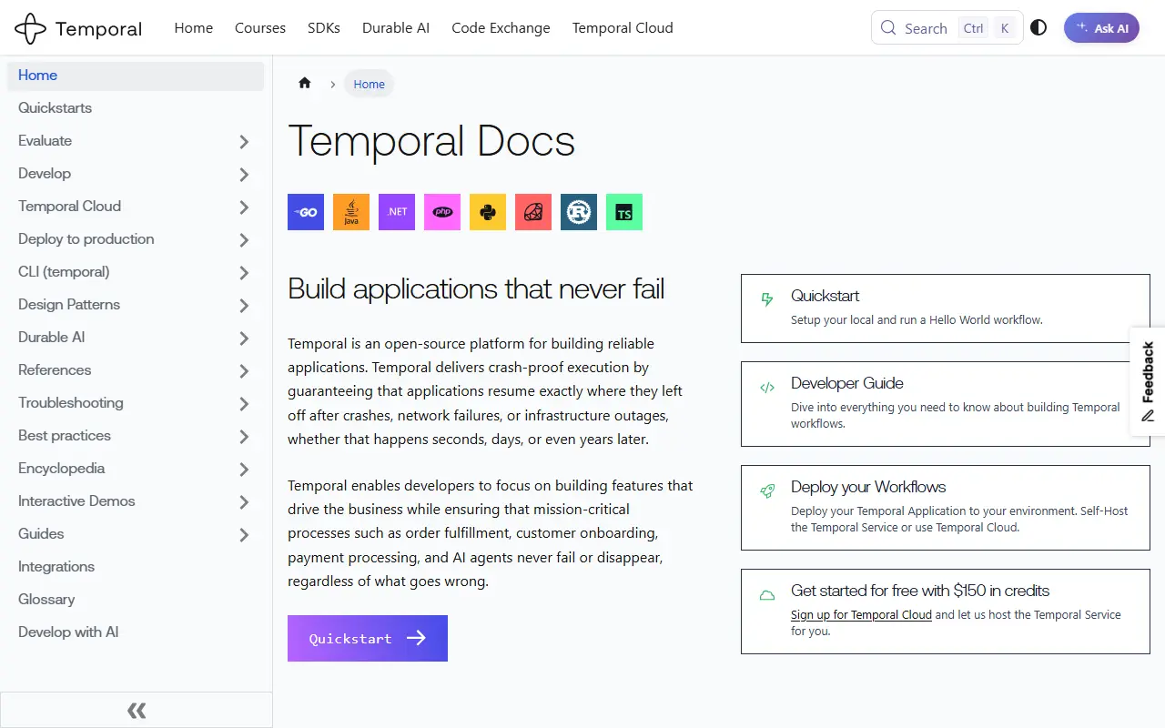 Temporal homepage screenshot