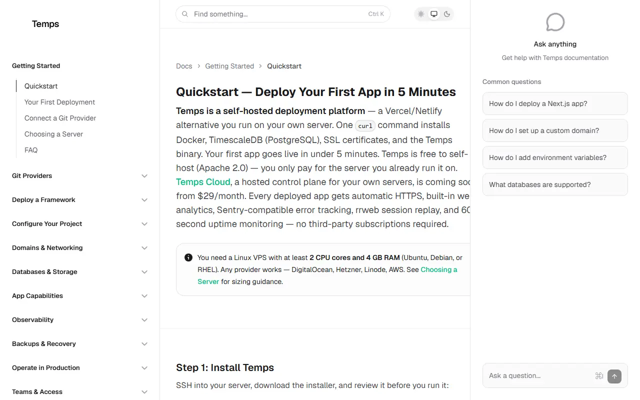 Temps homepage screenshot