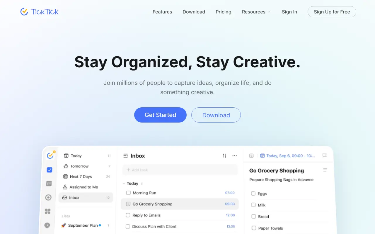 TickTick homepage screenshot