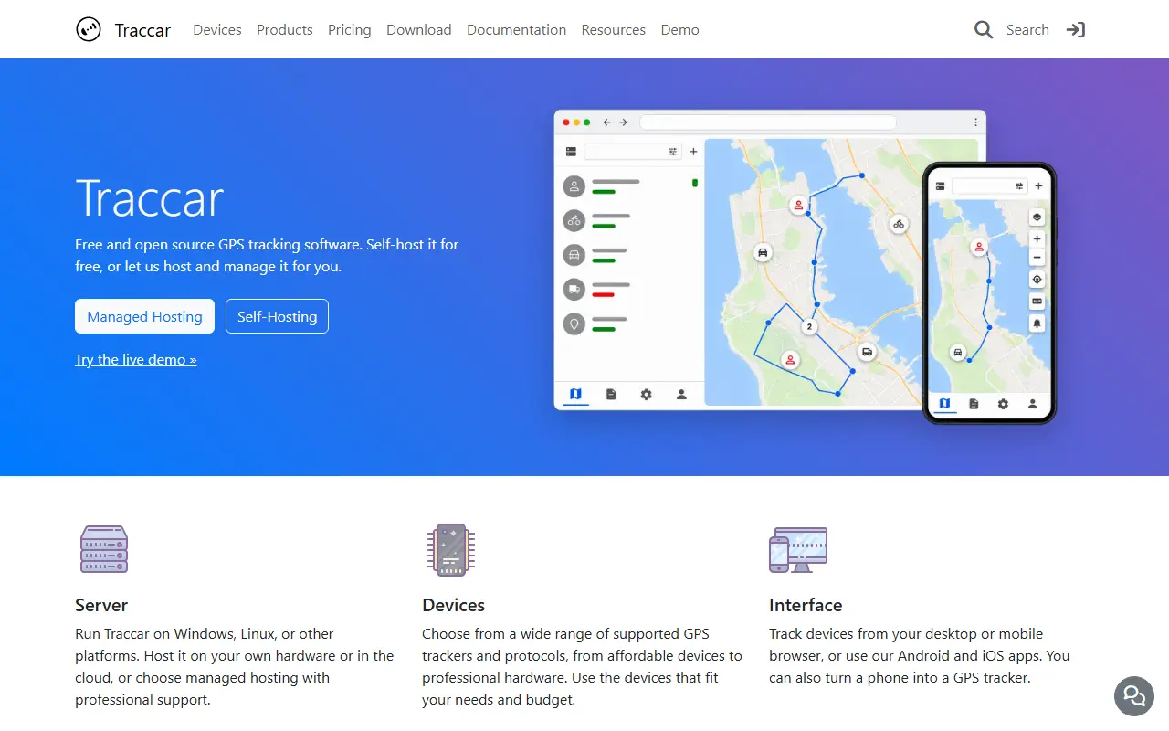 Traccar homepage screenshot