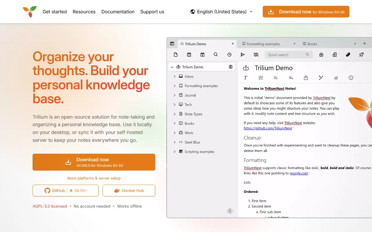 Trilium Notes homepage screenshot