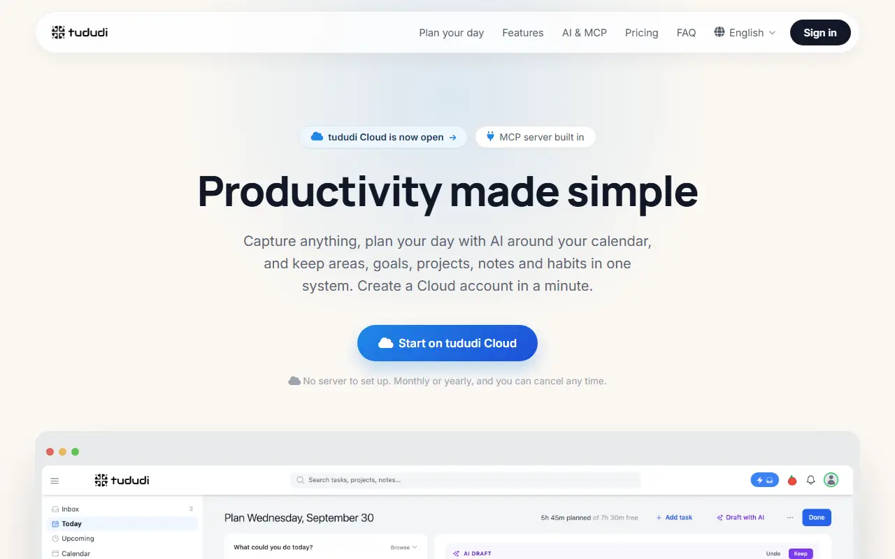 Tududi homepage screenshot