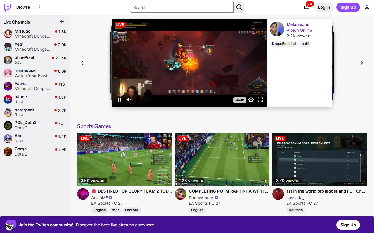 Twitch homepage screenshot