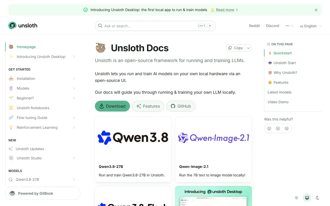 Unsloth homepage screenshot