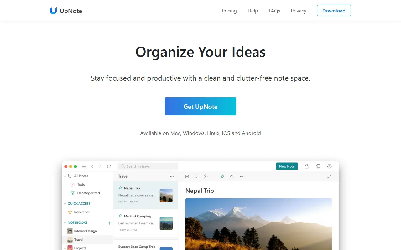 UpNote homepage screenshot