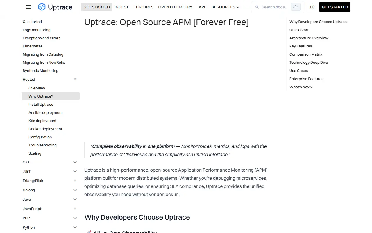 Uptrace homepage screenshot