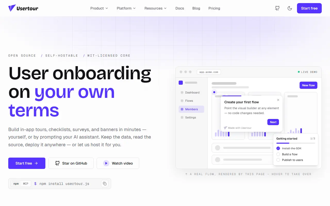 Usertour homepage screenshot