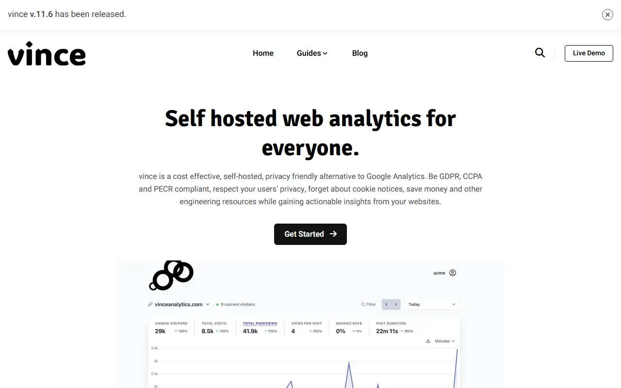 Vince homepage screenshot
