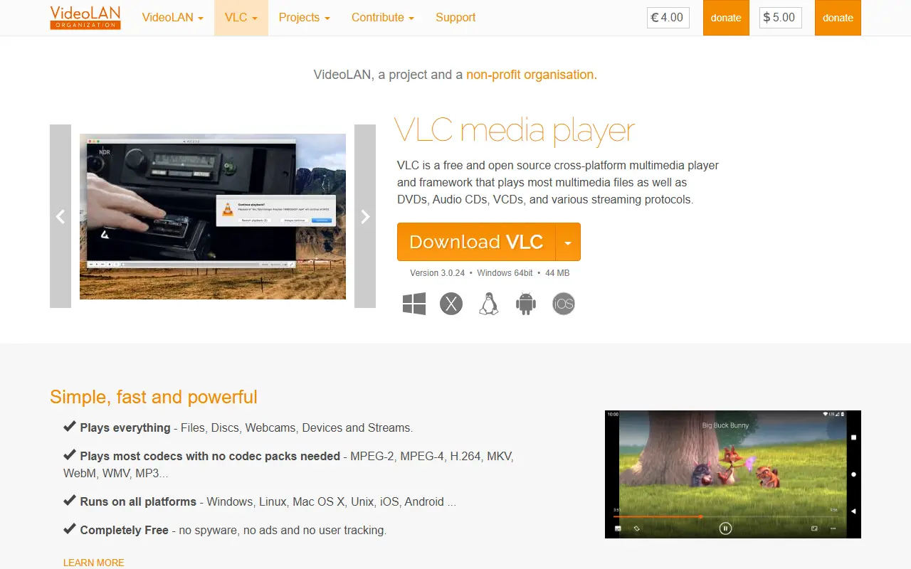 VLC homepage screenshot
