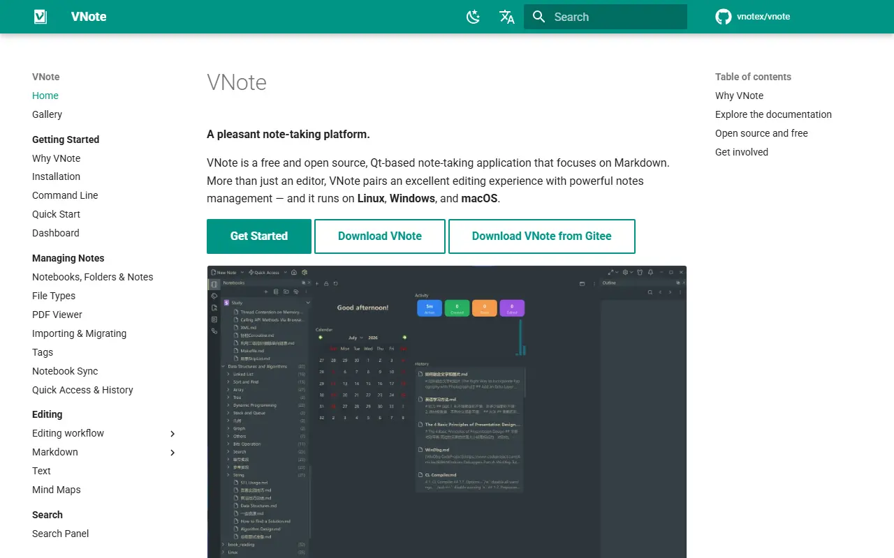 VNote homepage screenshot