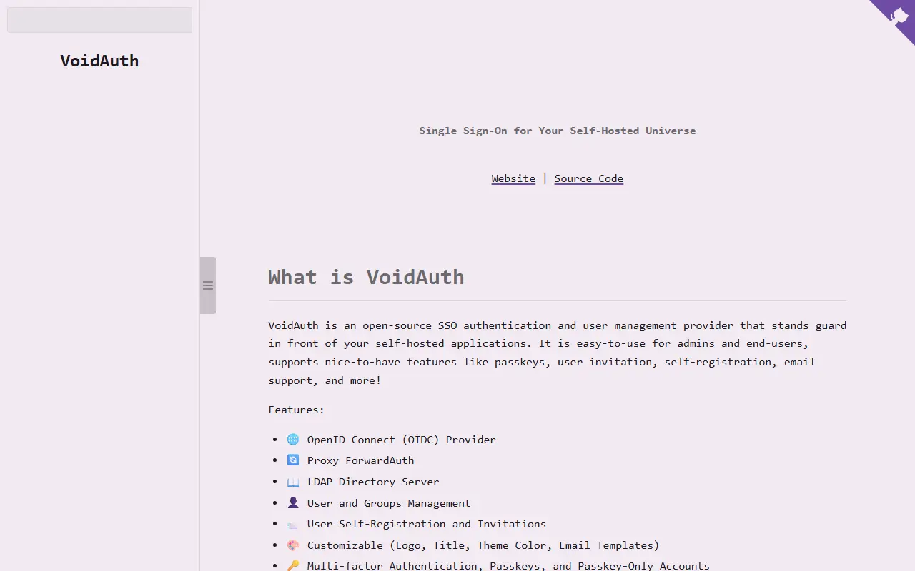 VoidAuth homepage screenshot