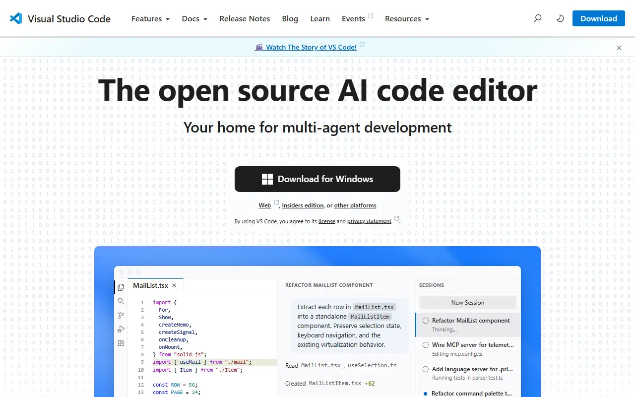 Visual Studio Code homepage screenshot