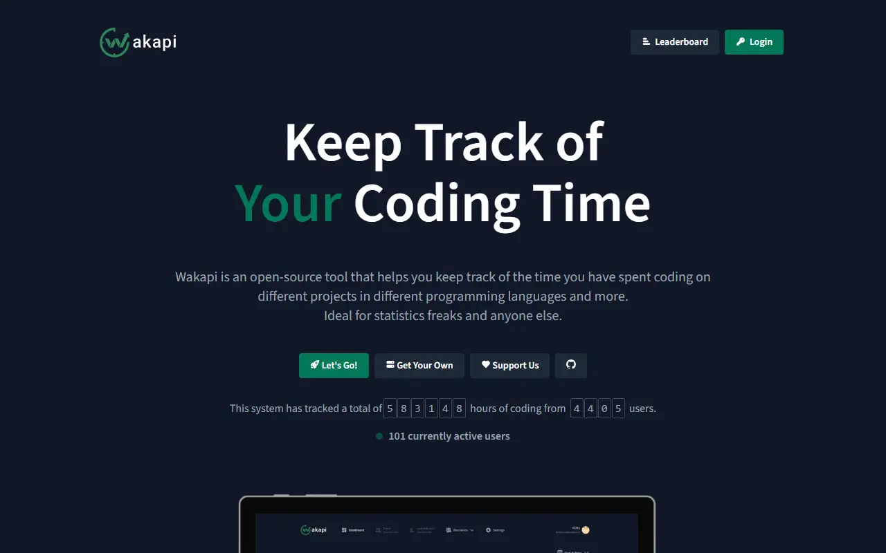 Wakapi homepage screenshot