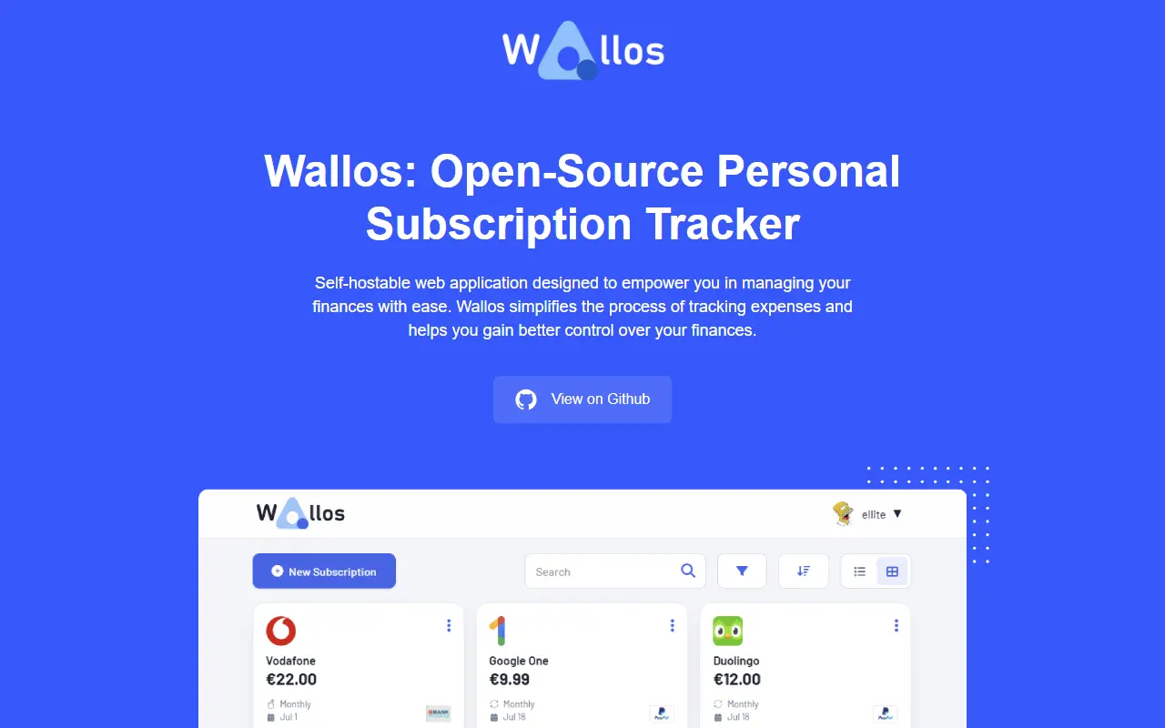 Wallos homepage screenshot