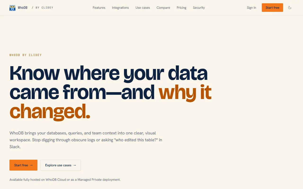WhoDB homepage screenshot