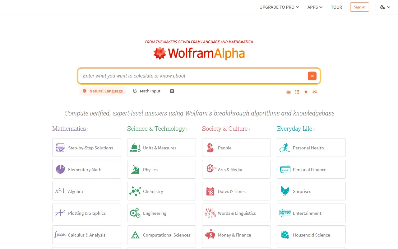 Wolfram Alpha homepage screenshot