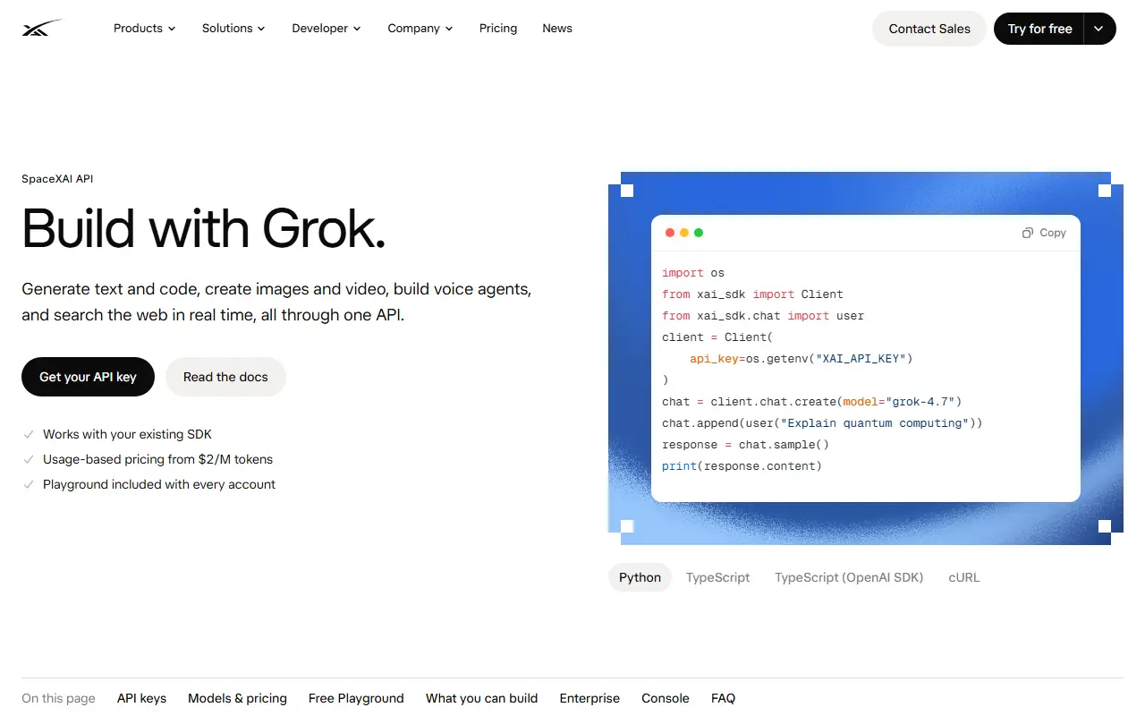 xAI API homepage screenshot