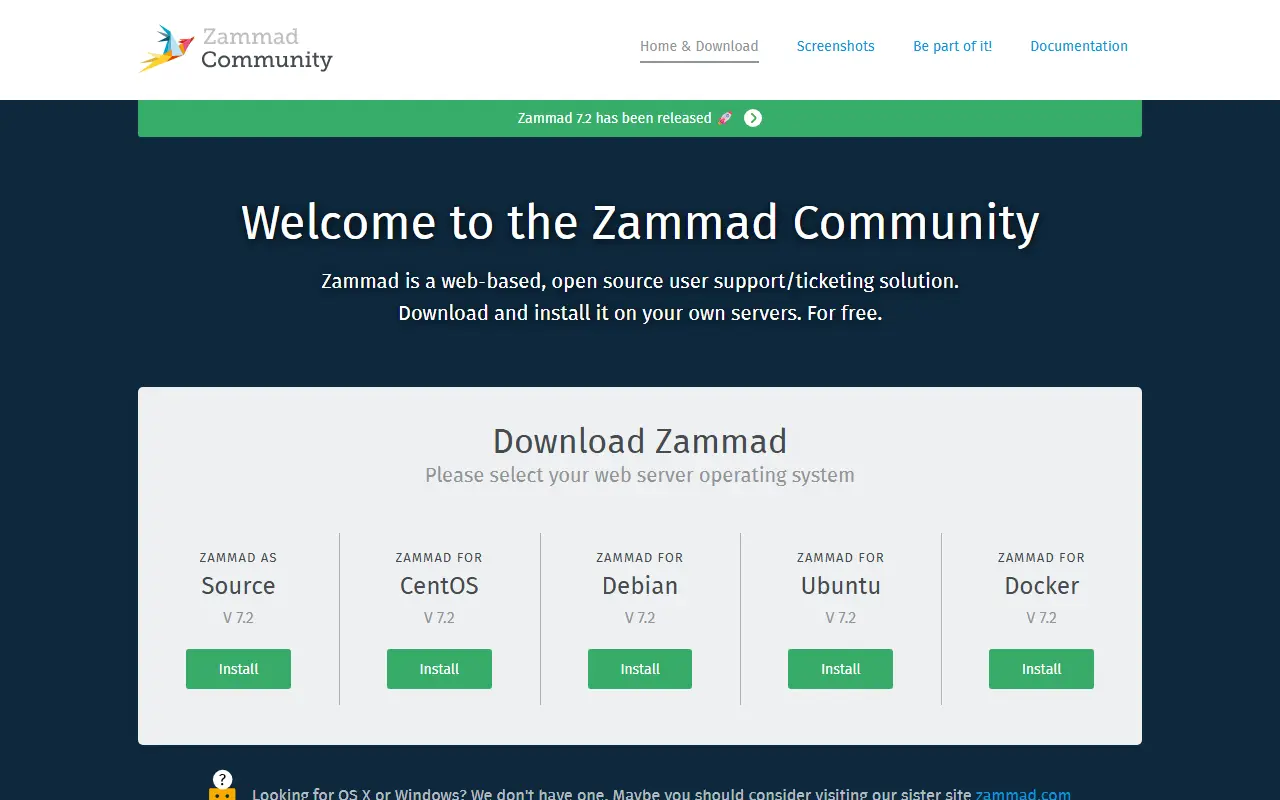 Zammad homepage screenshot