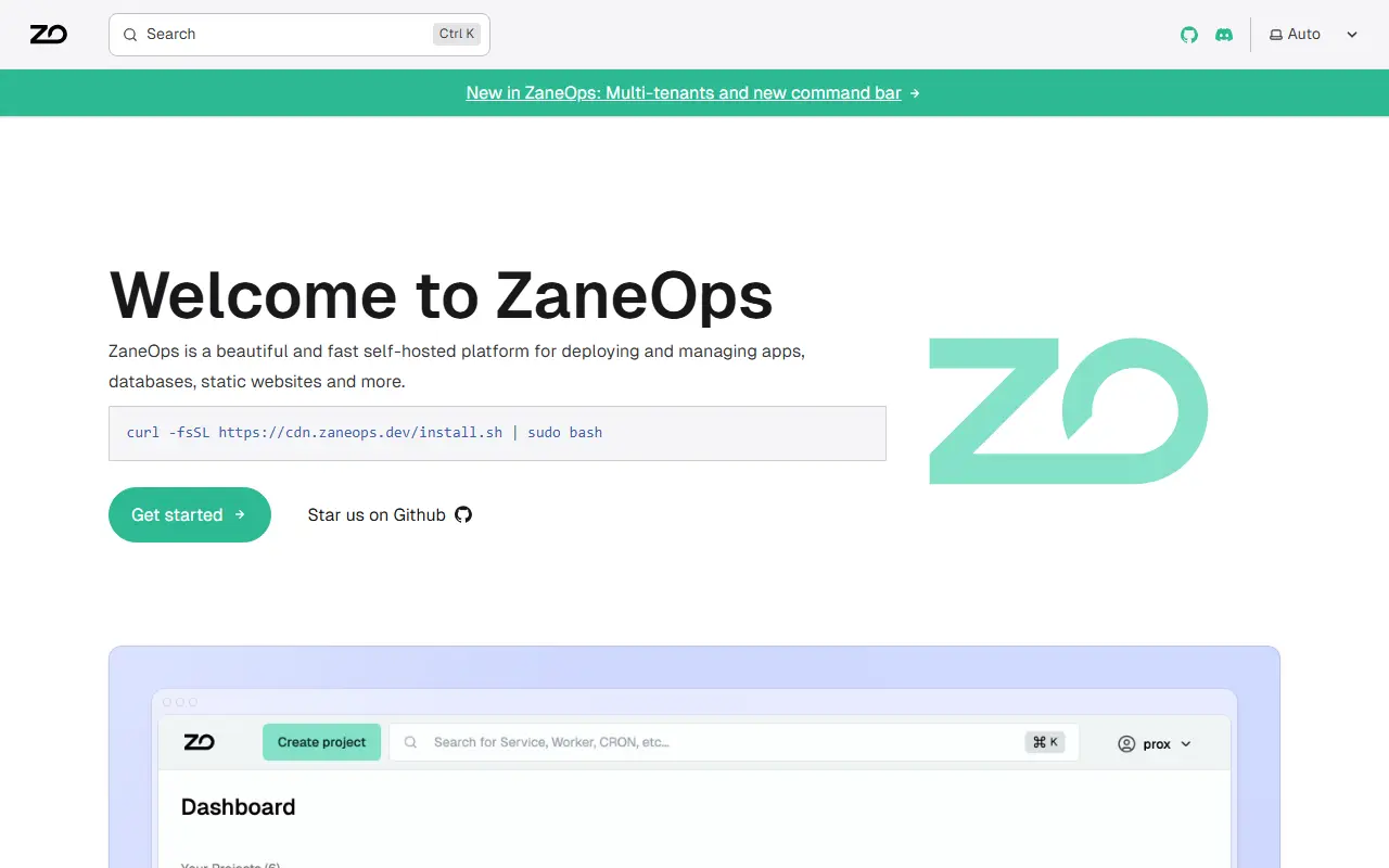 ZaneOps homepage screenshot