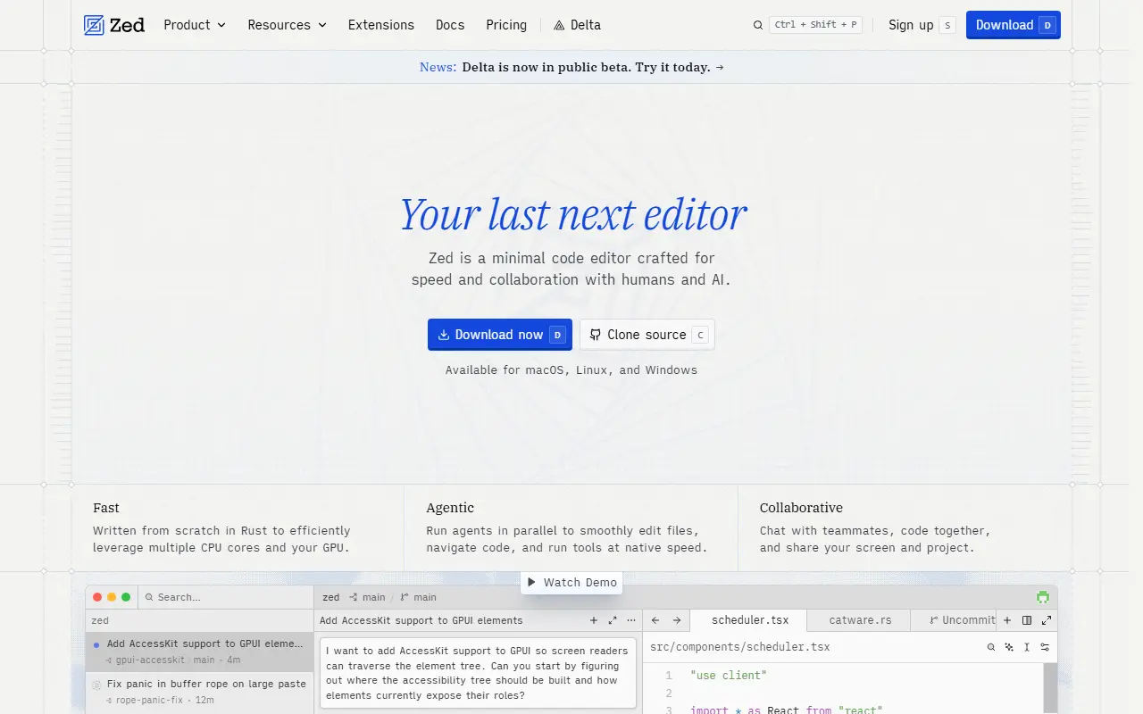 Zed homepage screenshot