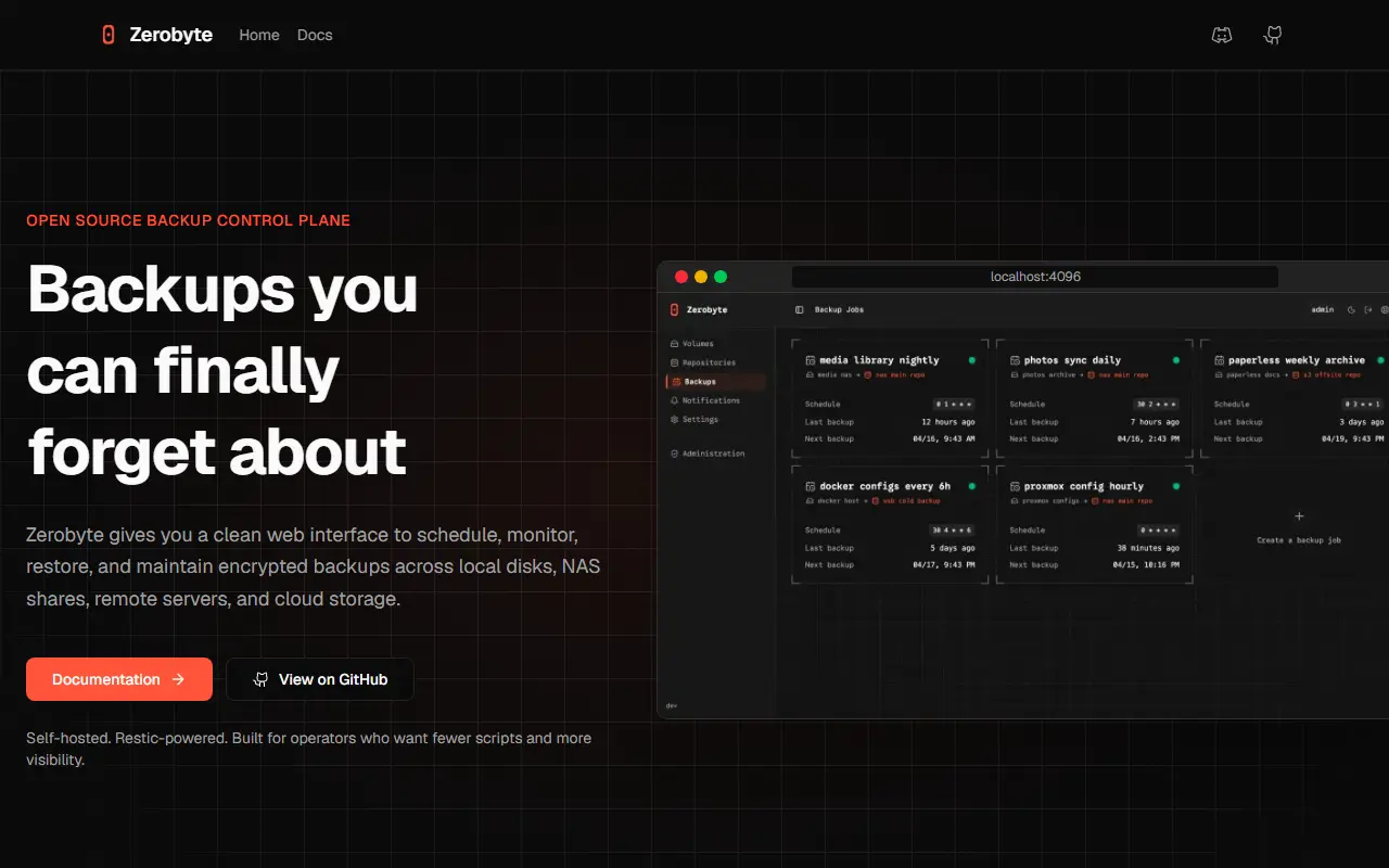 Zerobyte homepage screenshot