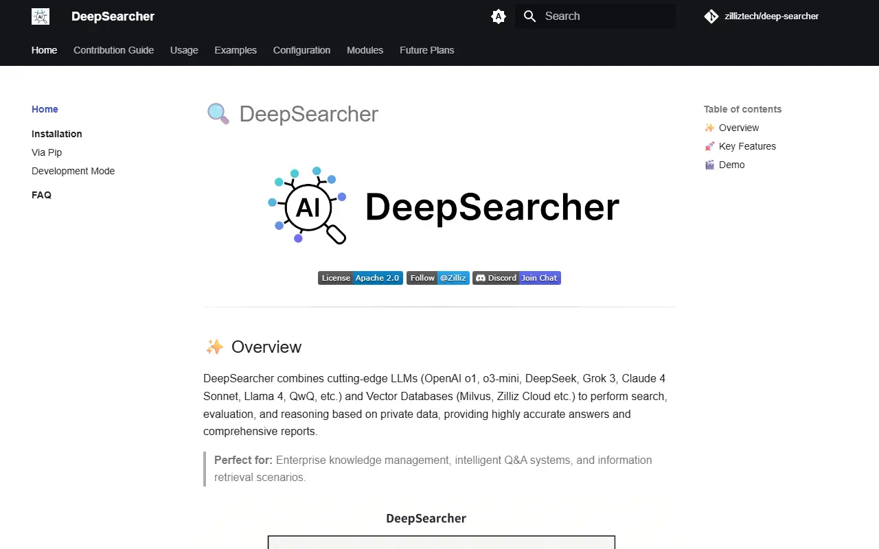 DeepSearcher homepage screenshot