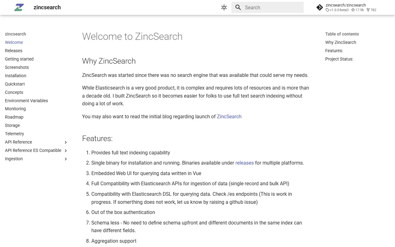 ZincSearch homepage screenshot