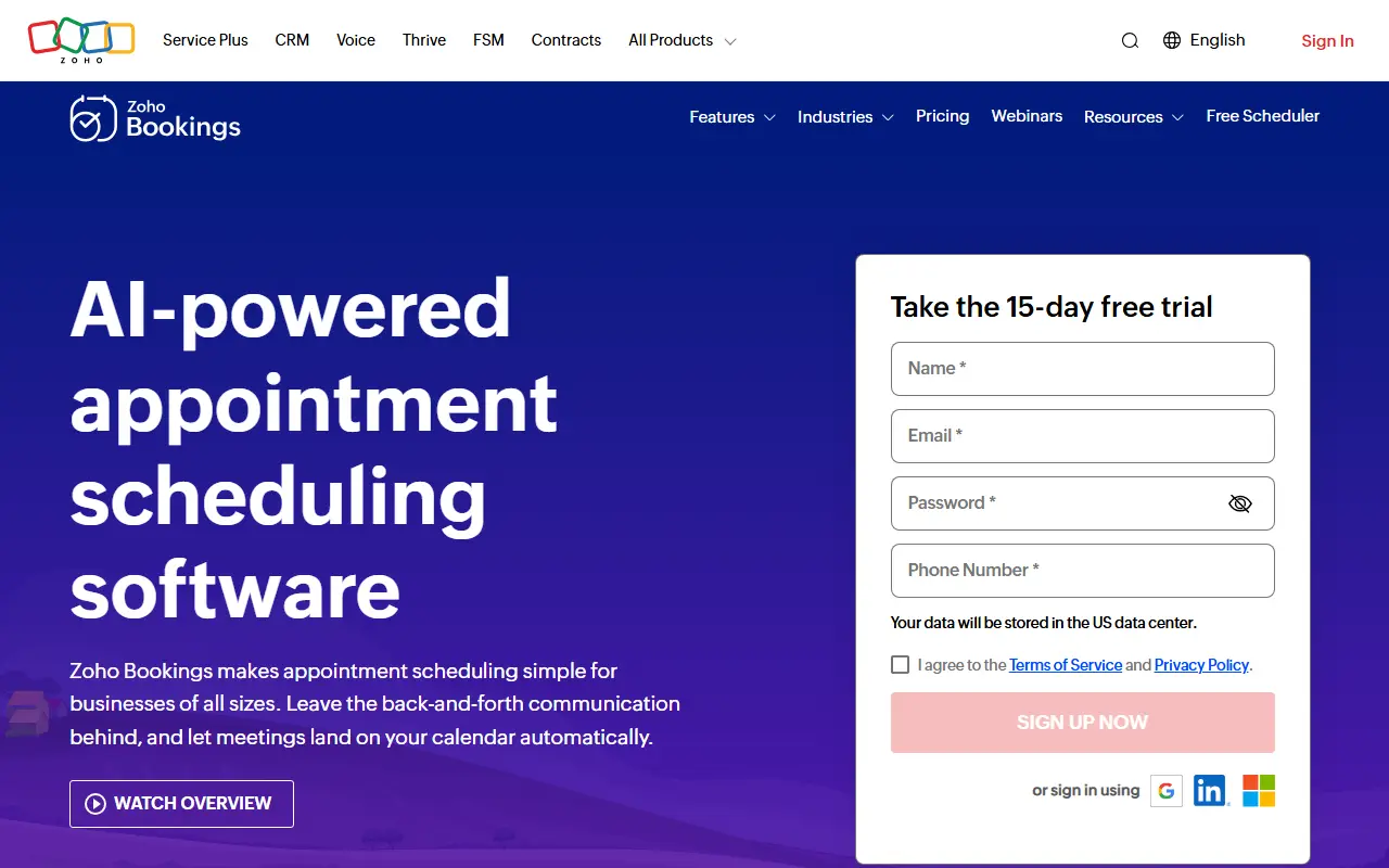 Zoho Bookings homepage screenshot