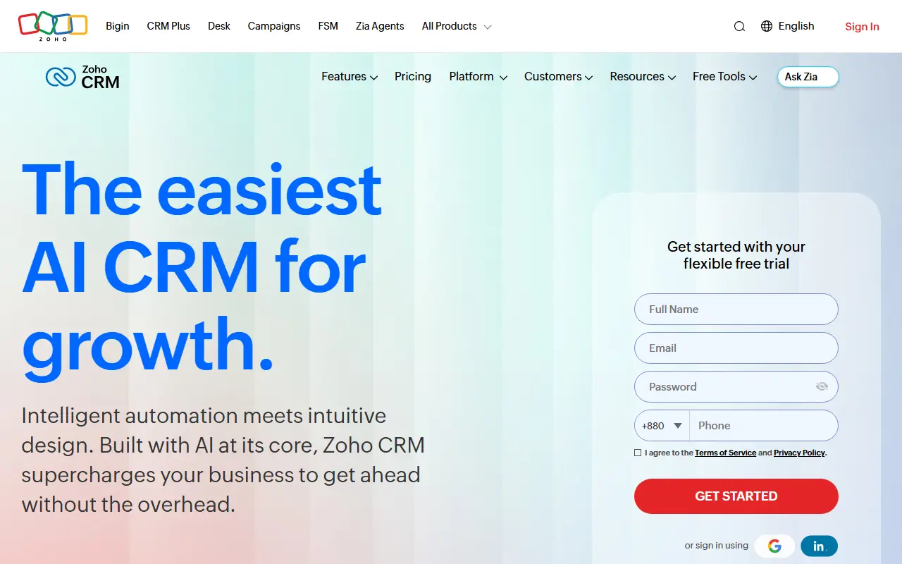 Zoho CRM homepage screenshot