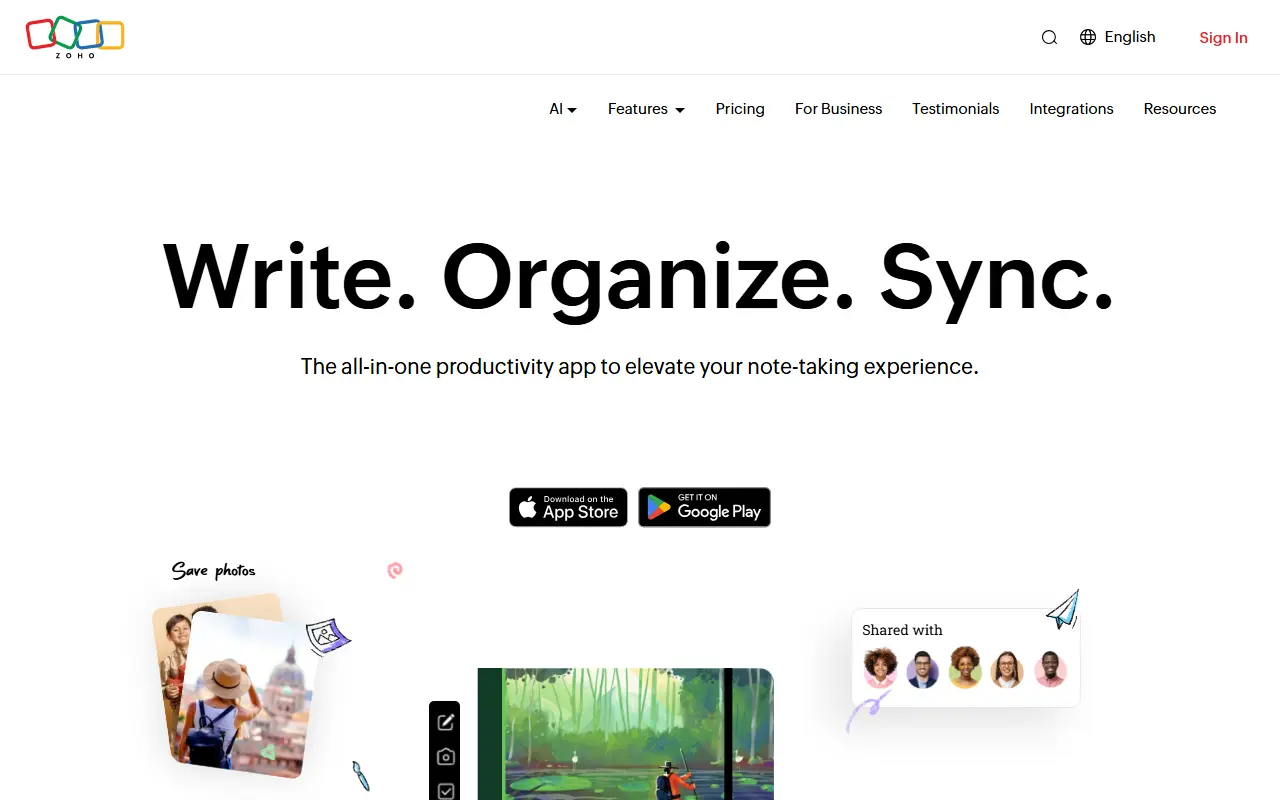 Zoho Notebook homepage screenshot