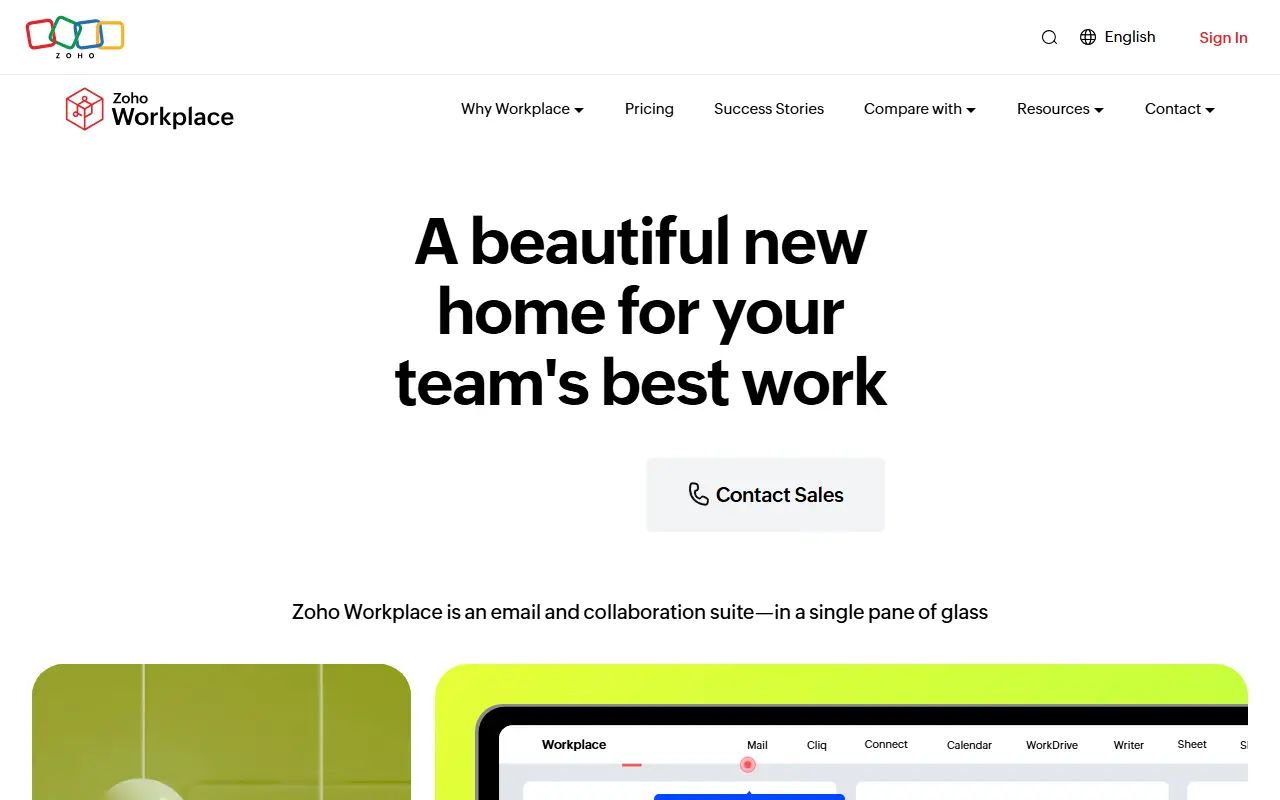 Zoho Workplace homepage screenshot